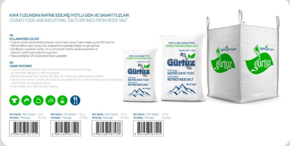 Gürtuz Kaya Tuzundan Rafine Edilmiş İyotlu Gıda ve Endustriyel Sanayi Tuzu